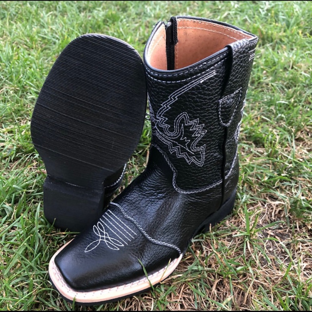 Kid's Western Rodeo Square Toe Genuine Leather Cowboy Black Boots Bota Niño 580